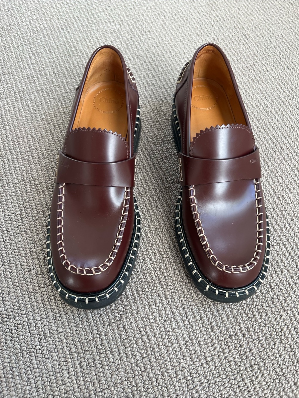 Chloe Women’s Burgundy Leather Lugg Soled Loafers. Size 39
